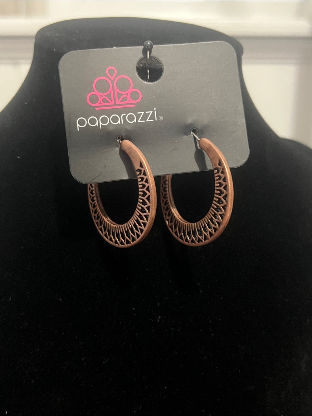 Paparazzi Copper-Tone Filigree Crescent Hoop Earrings - Brown